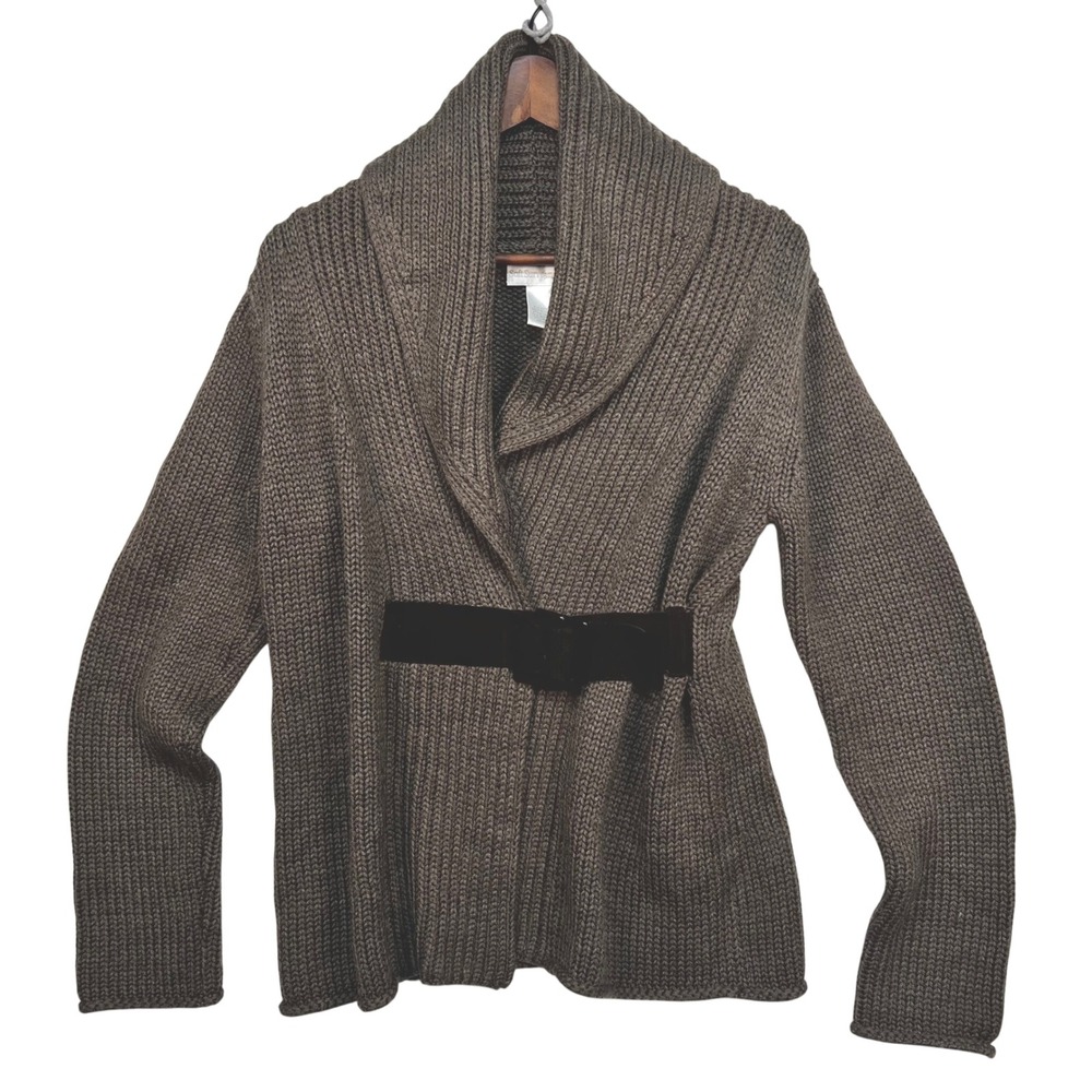 Soft Surroundings Cardigan Women M Brown Belted Shawl Collar Ribbed Knit Sweater